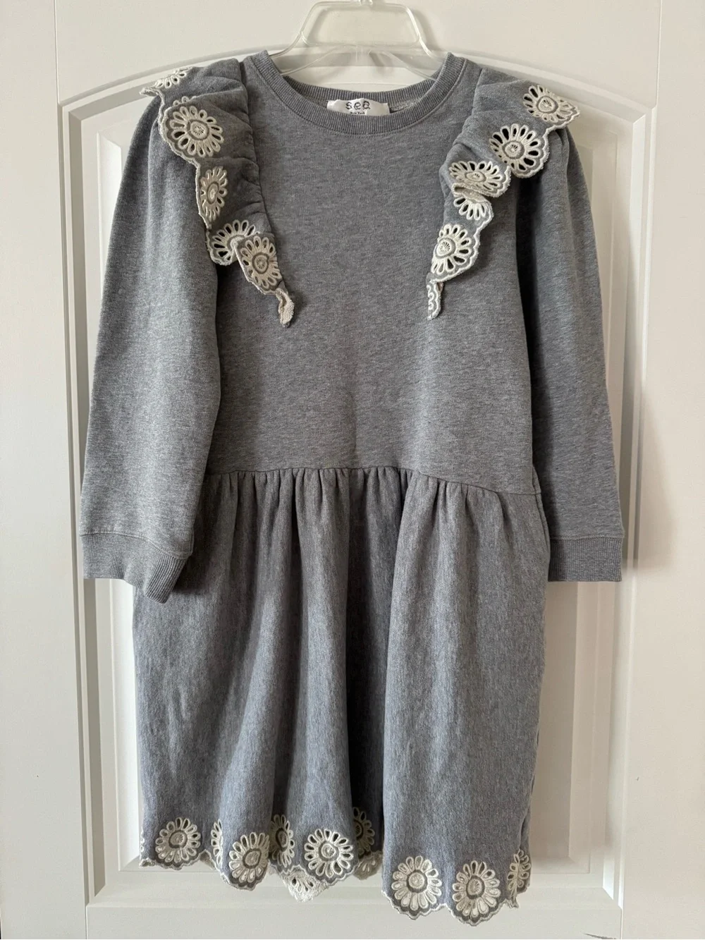 SEA Blaine Openwork Embroidery Adorned Long Sleeve Combo Dress, Grey NWT 10Y